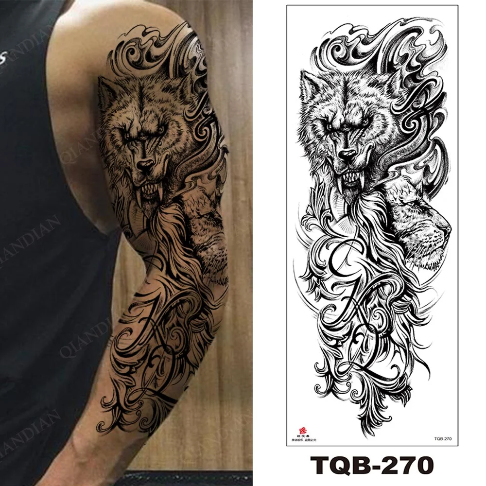 Sdrawing Arm Temporary Tattoo Wolf Lion Fish Horns Geometric Man Body Leg Rose Flower Phoenix Waterproof Sticker Cool Women Tatoo