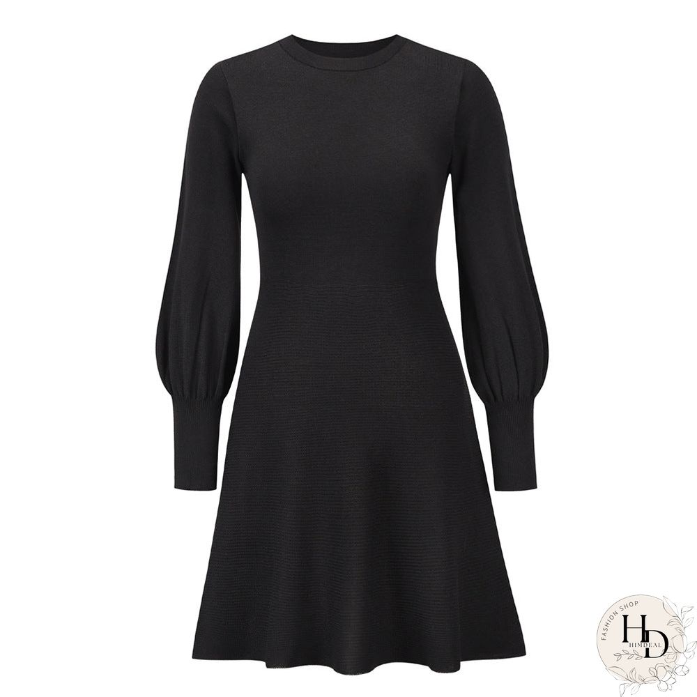 Crew Neck Long Sleeve High Elastic Waist Mini Dress