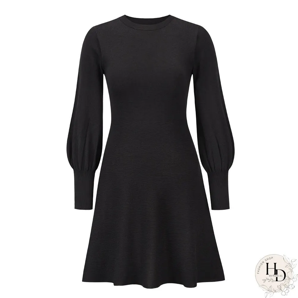 Crew Neck Long Sleeve High Elastic Waist Mini Dress