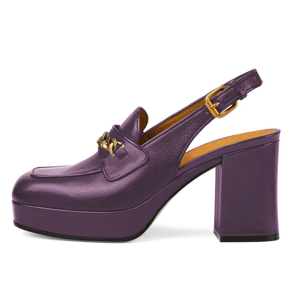 Purple Square Toe Chain Decor Chunky Heeled Loafers with Platform