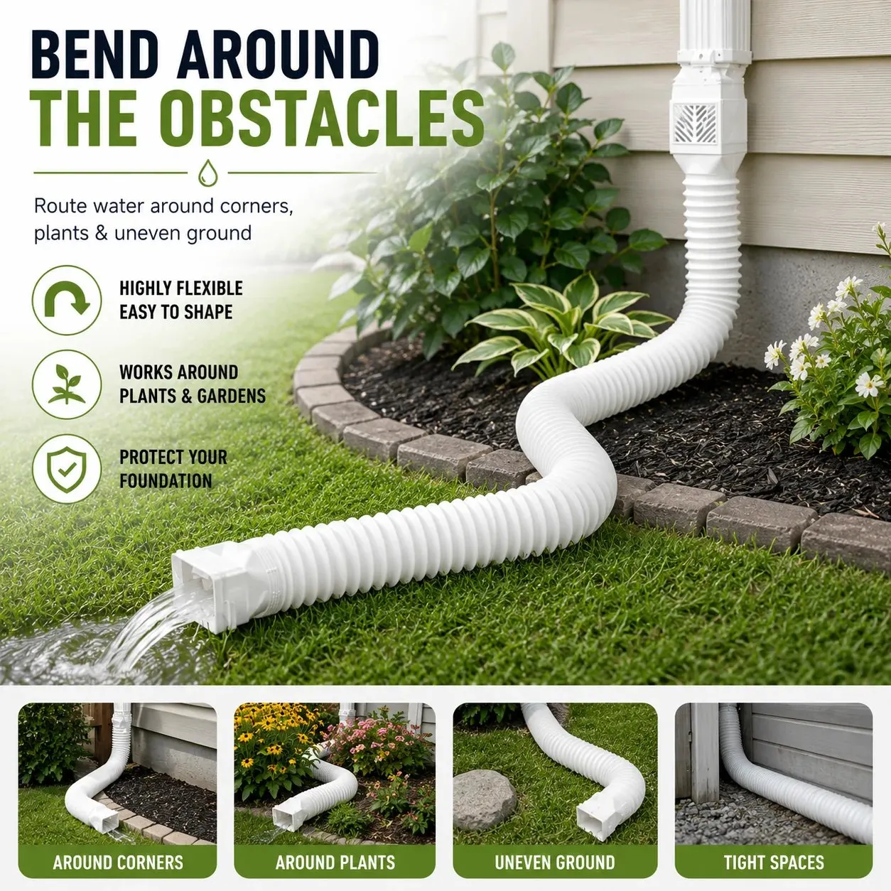 Flexible pipe routed around landscaping