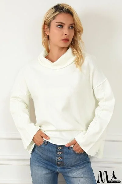 MidiSono - Slit Mock Neck Dropped Shoulder Sweater