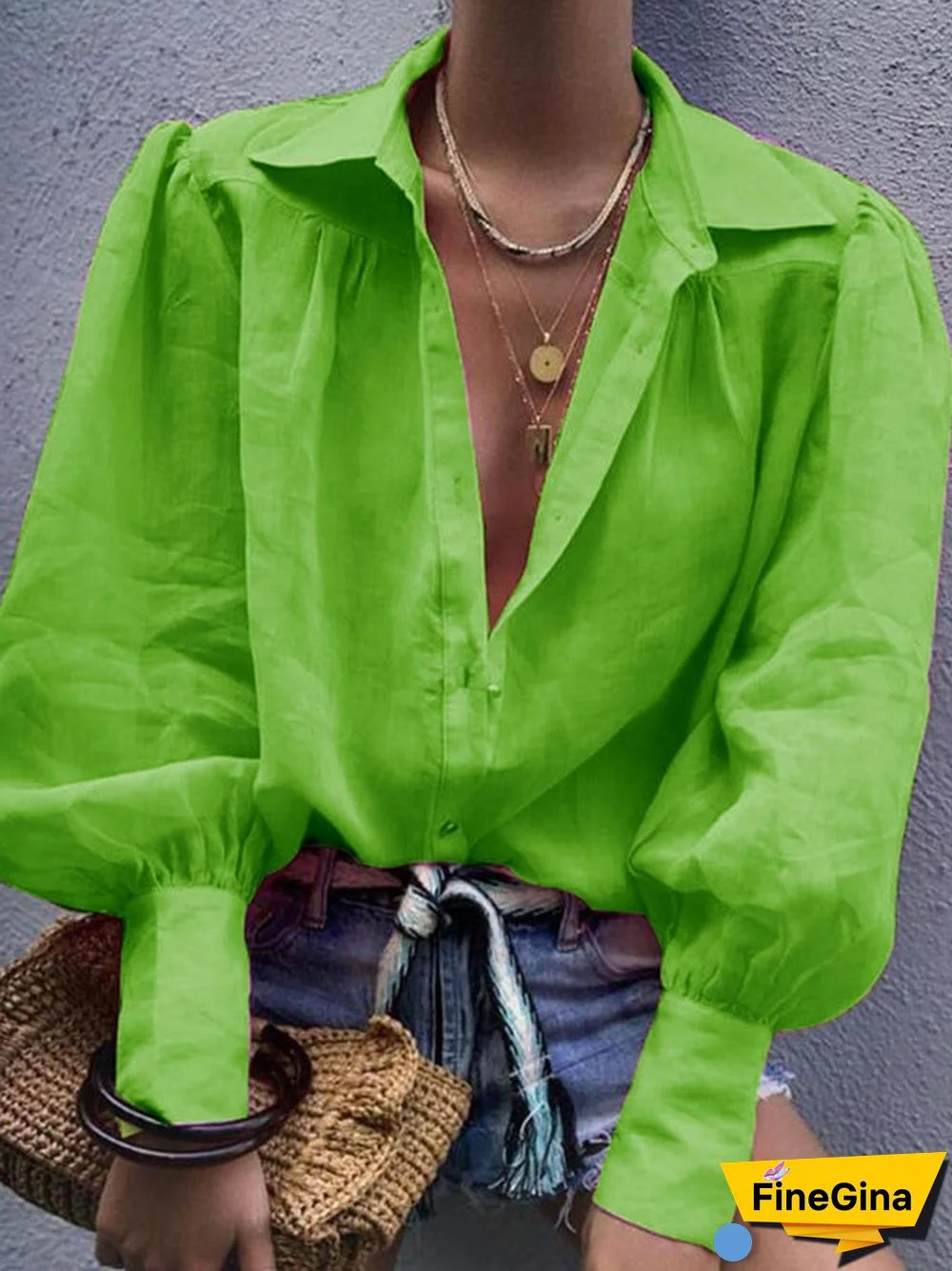 Women's Solid Color Pleated Long Sleeve Shirt