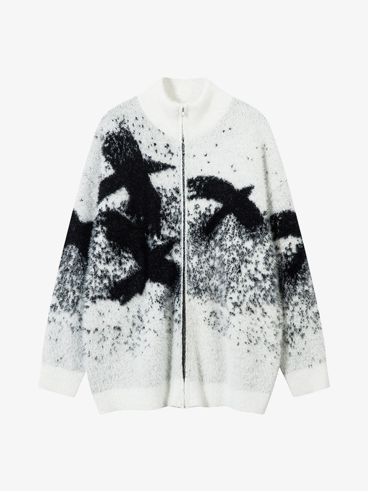 White Act Chic Flying Pigeon Jacquard Gradient Knit Cardigan Front