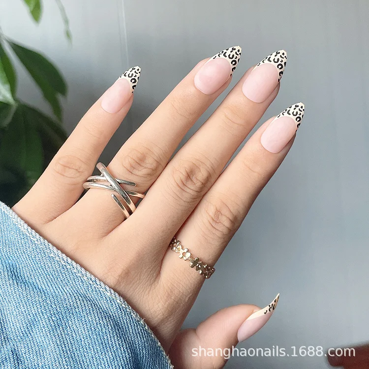 French leopard print wearing nails small pointed nails  ins style manicure patches fake nails finished  manicures