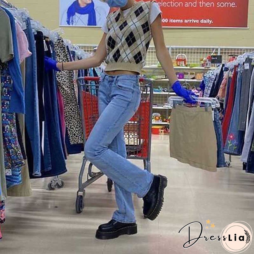 Checkered Cropped Knitted Tank Argyle Sleeveless Jumper