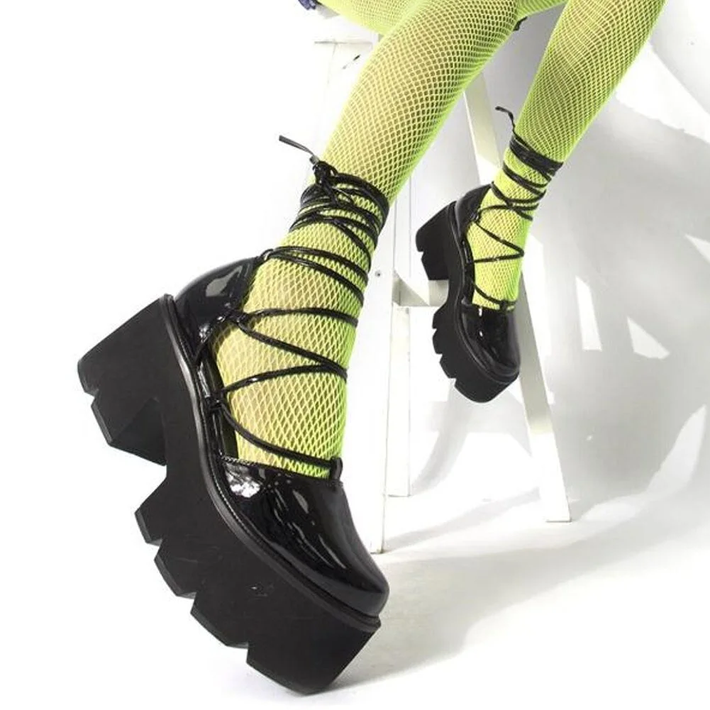 Back to College Round Toe Heart Print Ankle Strap Chunky Goth Platform Women Shoes Trendy Punk Marry Janes Pumps Square Heels Street Style