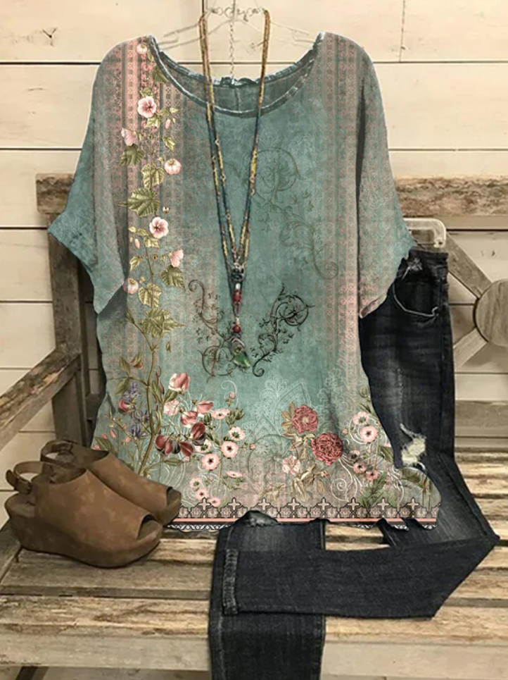 Women's Retro Floral Round Neck Casual Tops