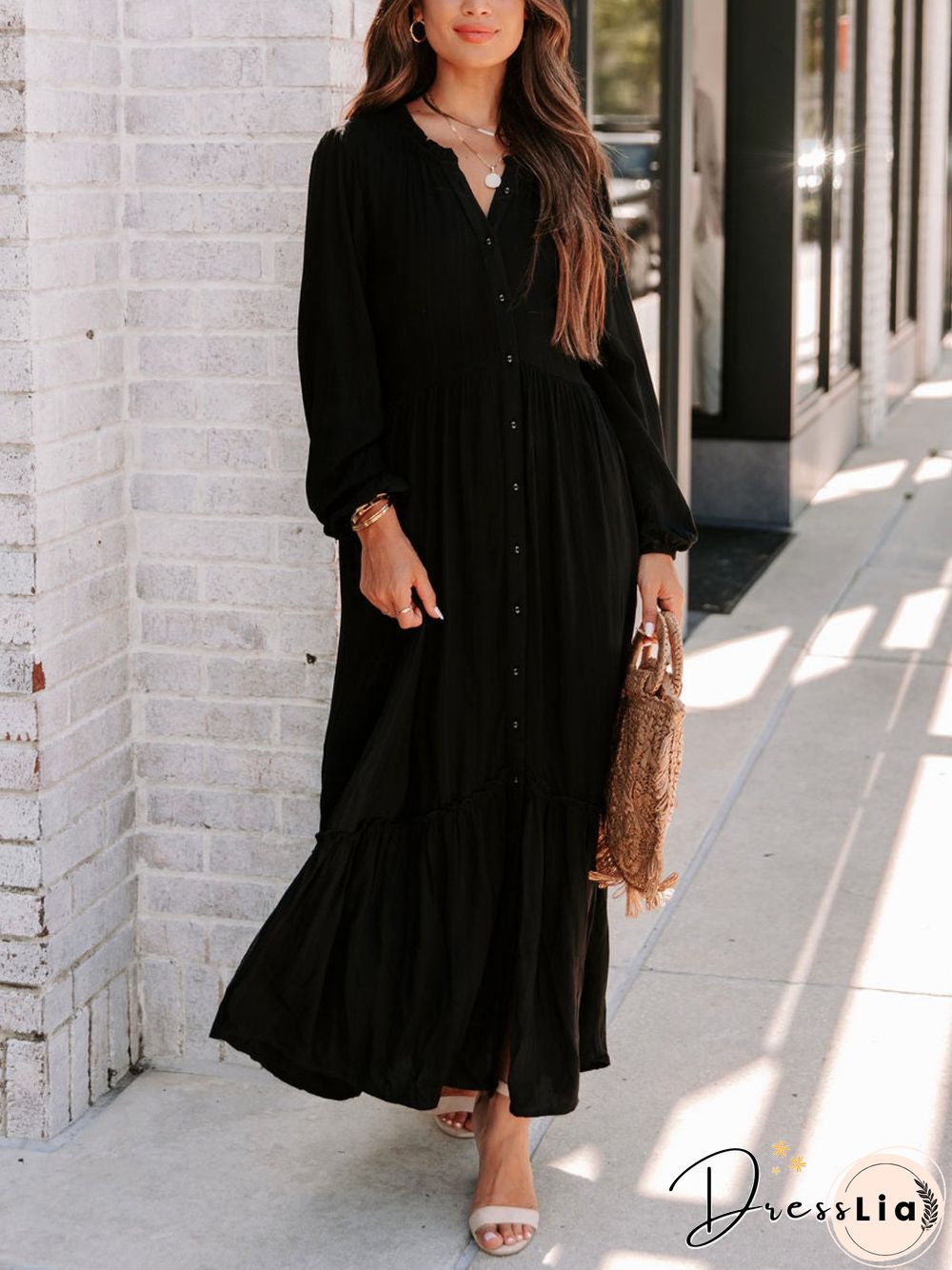 Casual Long Sleeve V Neck Printed Dress