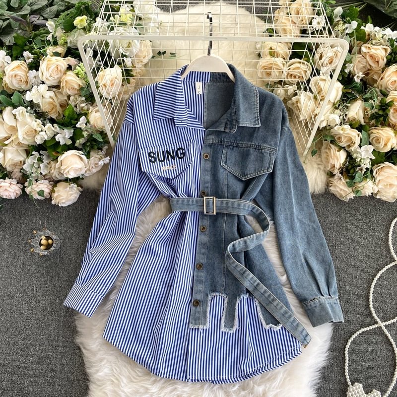2021spring Autumn Women's Denim Shirt Color Contrast Patchwork Lace Up Blouse Shows Thin Versatile Top Fashion GD596