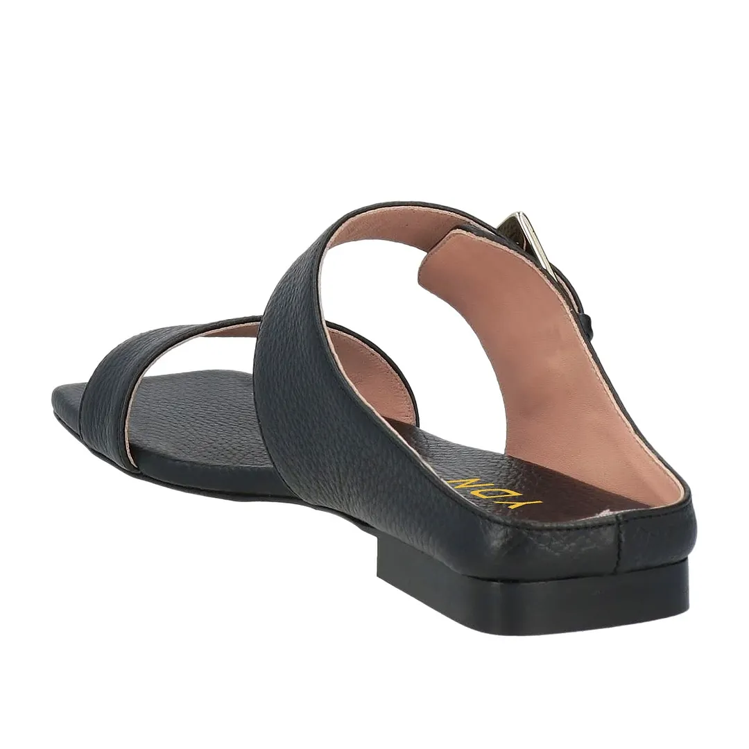 Elegant Square Toe Flat Buckled Slip On Black Sandals for Women