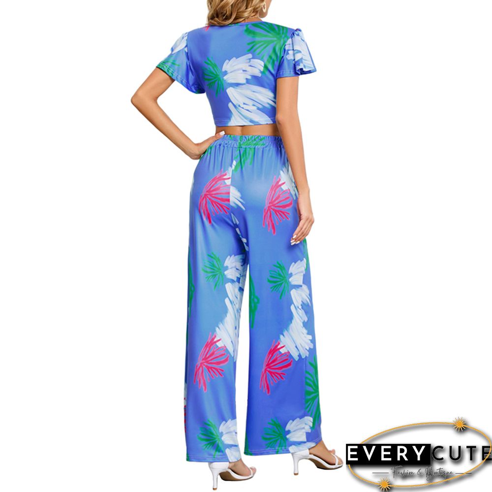 Blue Printed V Neck Crop and Wide Leg Pant Set