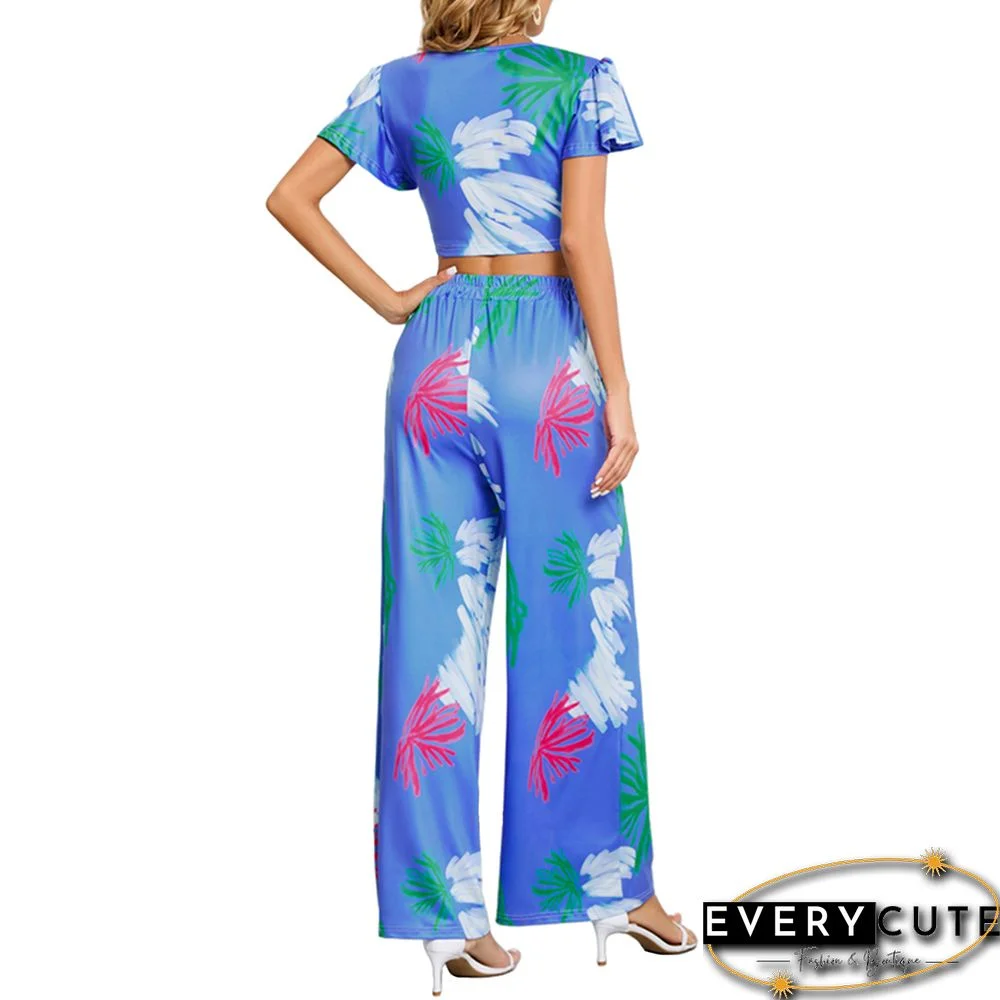 Blue Printed V Neck Crop and Wide Leg Pant Set
