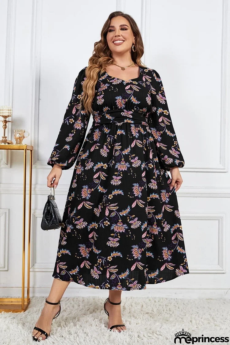 Melo Apparel Plus Size Floral Print Long Sleeve Midi Dress