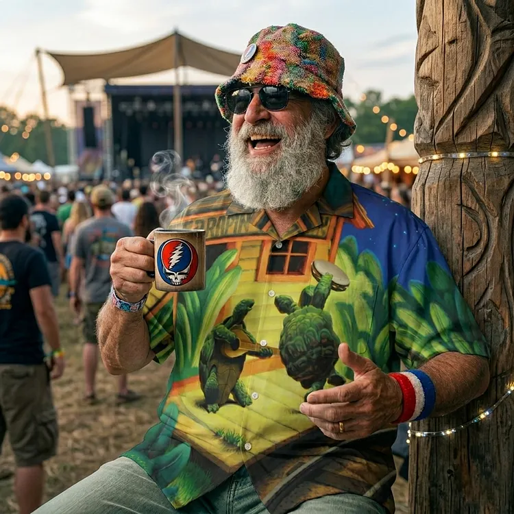 Vintage Grateful Dead Skull & Bear &Terrapin Graphic Cuban Collar Short Sleeve Shirt &ndash; Unisex Retro Cotton Top