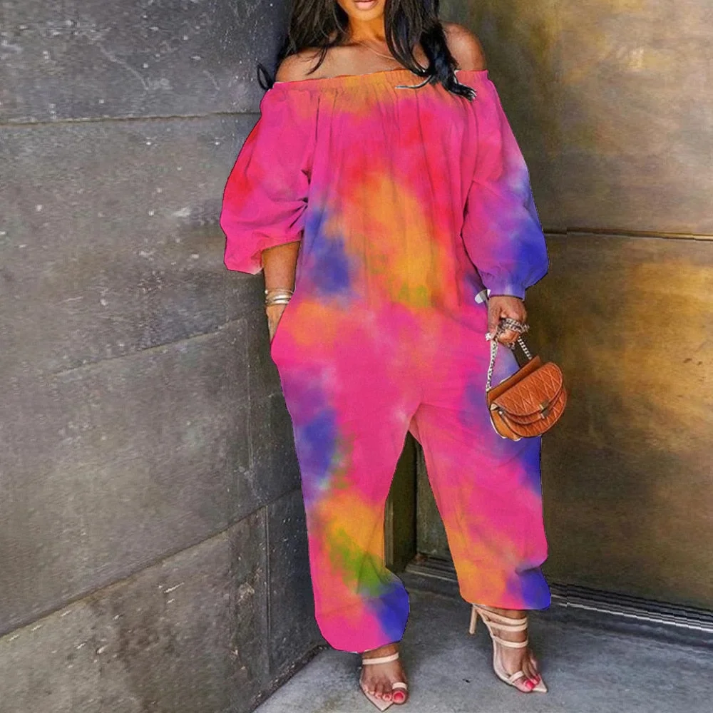 CM.YAYA  Tie Dye Off Shoulder Slash Neck  Women's Haren Jumpsuit Streetwear Active Short Sleeve Romper Overalls Outfits
