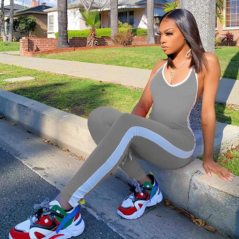 Dulzura stripe hanging neck halter backless bodycon sexy streetwear 2020 summer women long jumpsuit clothes outfit club sports