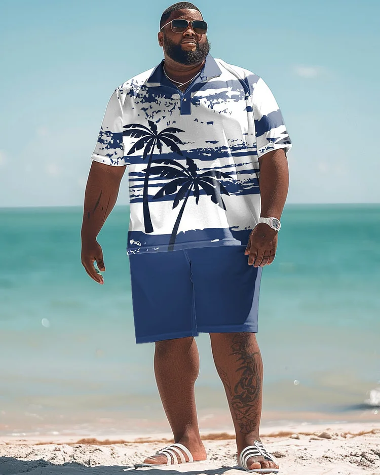 Men's Plus Size Hawaiian Irregular Graffiti Coconut Tree Print Polo Shorts Suit