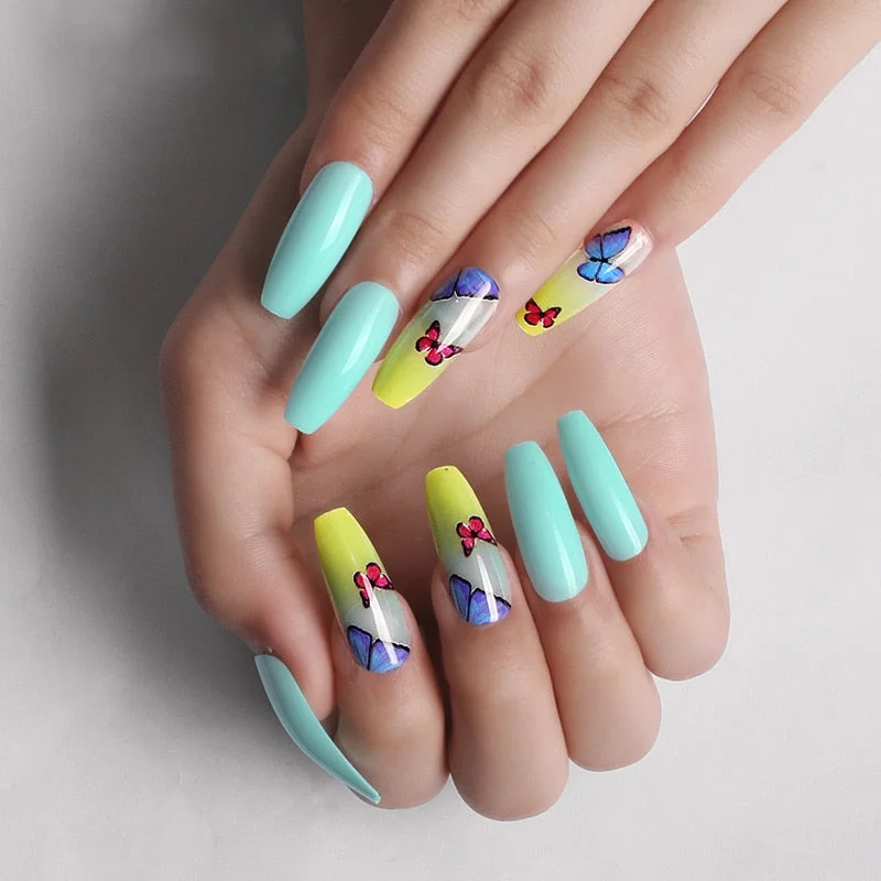 24pcs/box fake nails with glue designed colourful Gold thread rainbow paragraph press on nails coffin girls nail tips stick-on-Nail Inspo