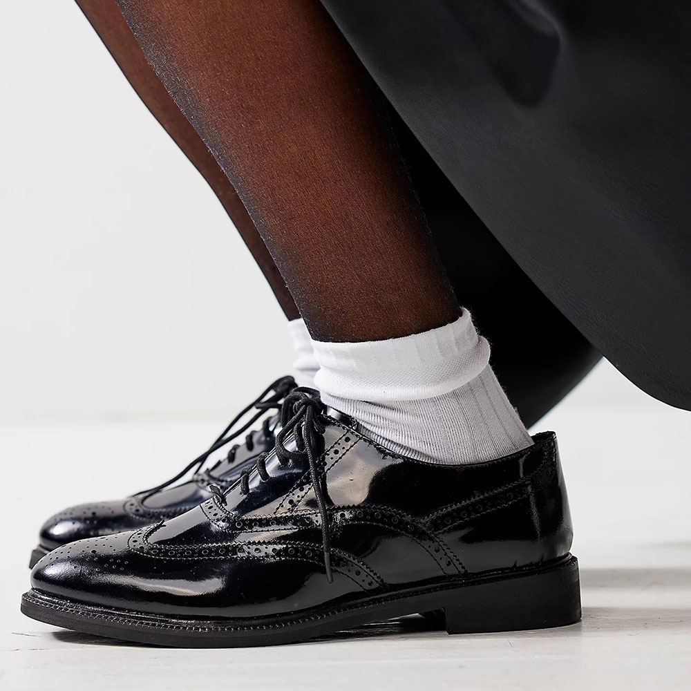 Black Patent Leather Round Toe Low Chunky Heel Lace Up Oxford Shoes Nicepairs