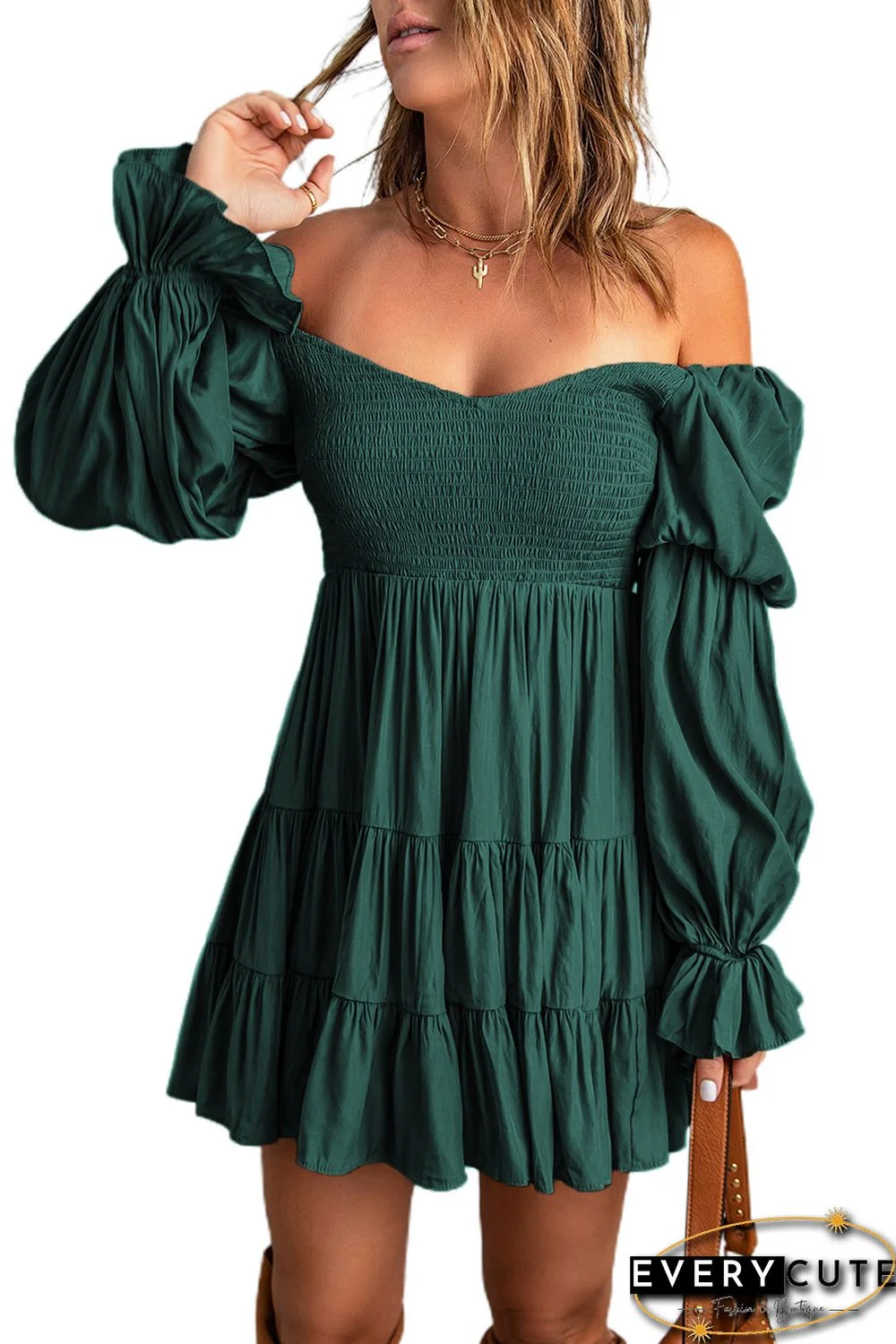 Green Boho Solid Shirred Ruffle Mini Dress