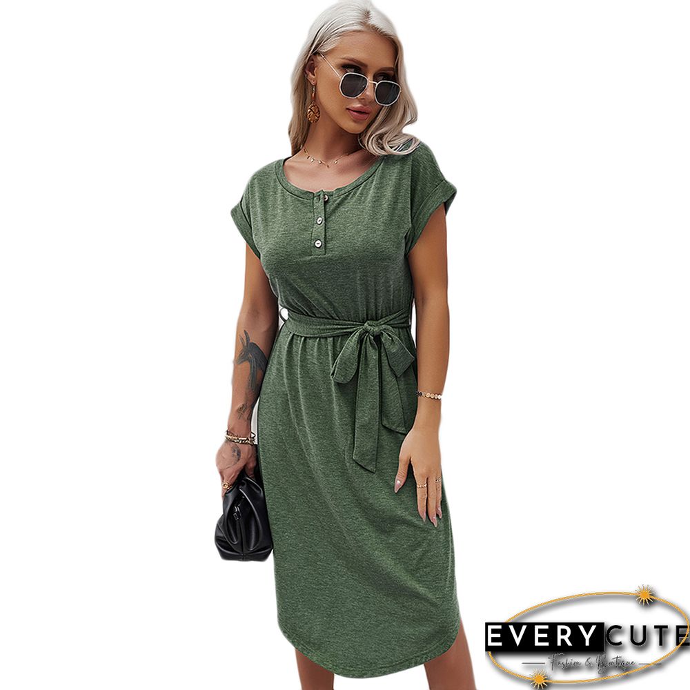 Green Button Up Tie Waist Short Sleeve Knit Dress