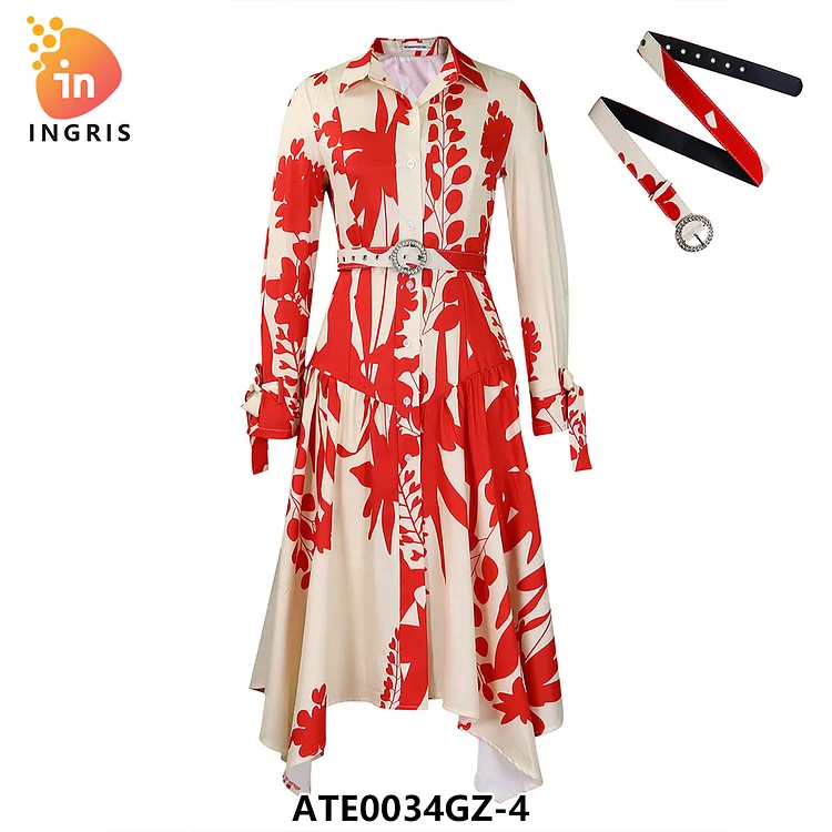 Summer New Long-Sleeved Printed Lapel Irregular Loose Plus Size Dress-ATE0034GZ
