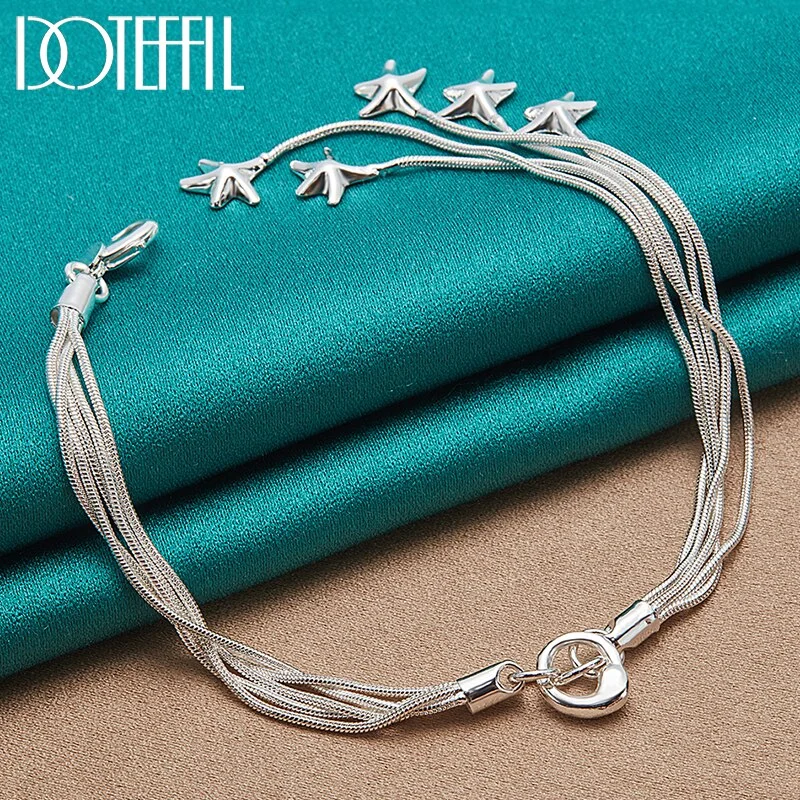 925 Sterling Silver Five Solid Starfish Snake Chain Bracelet For Women Jewelry