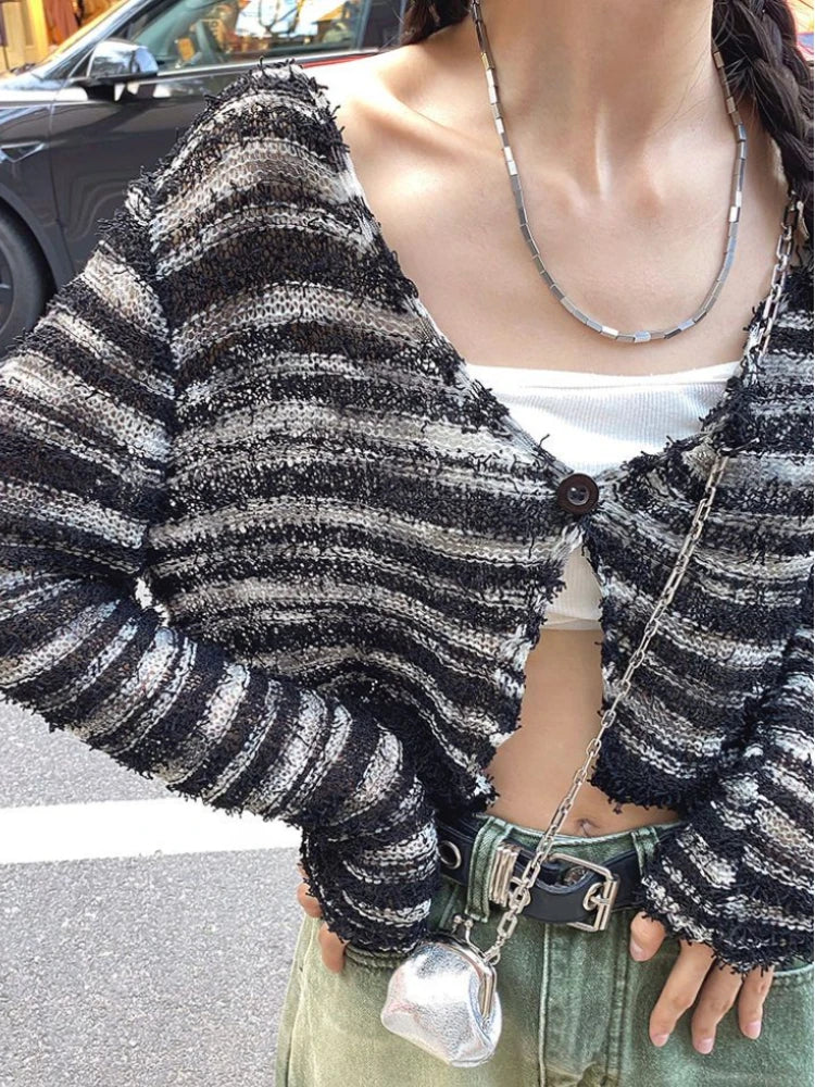 Aiertu FALL OUTFIT Cardigan Women Slim Popular All-match Leisure V-neck Autumn Lovely Knitting Daily Striped Ladies Elegant Korean Style Sexy New aiertu