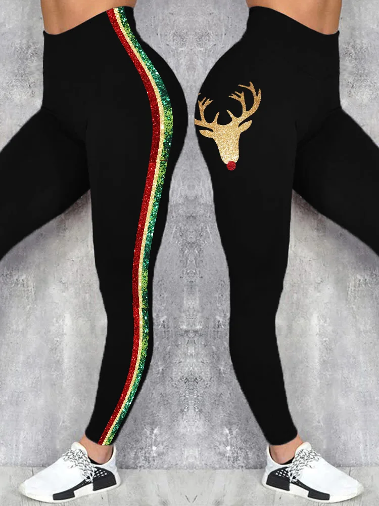 Bling Christmas Reindeer Print Striped Leggings