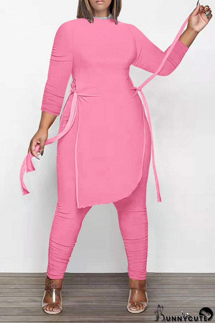 Pink Casual Solid Draw String O Neck Long Sleeve Two Pieces