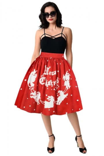 Womens Cute Christmas Sleigh Printed Pleated Skirt Watermelon Red-elleschic