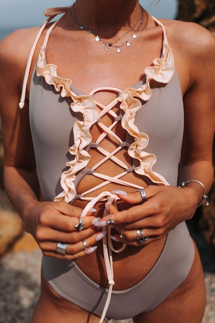 High Leg Ruffle Lace Up Cutout One Piece Swimsuit - Shop Trendy Women's Clothing | LoverChic