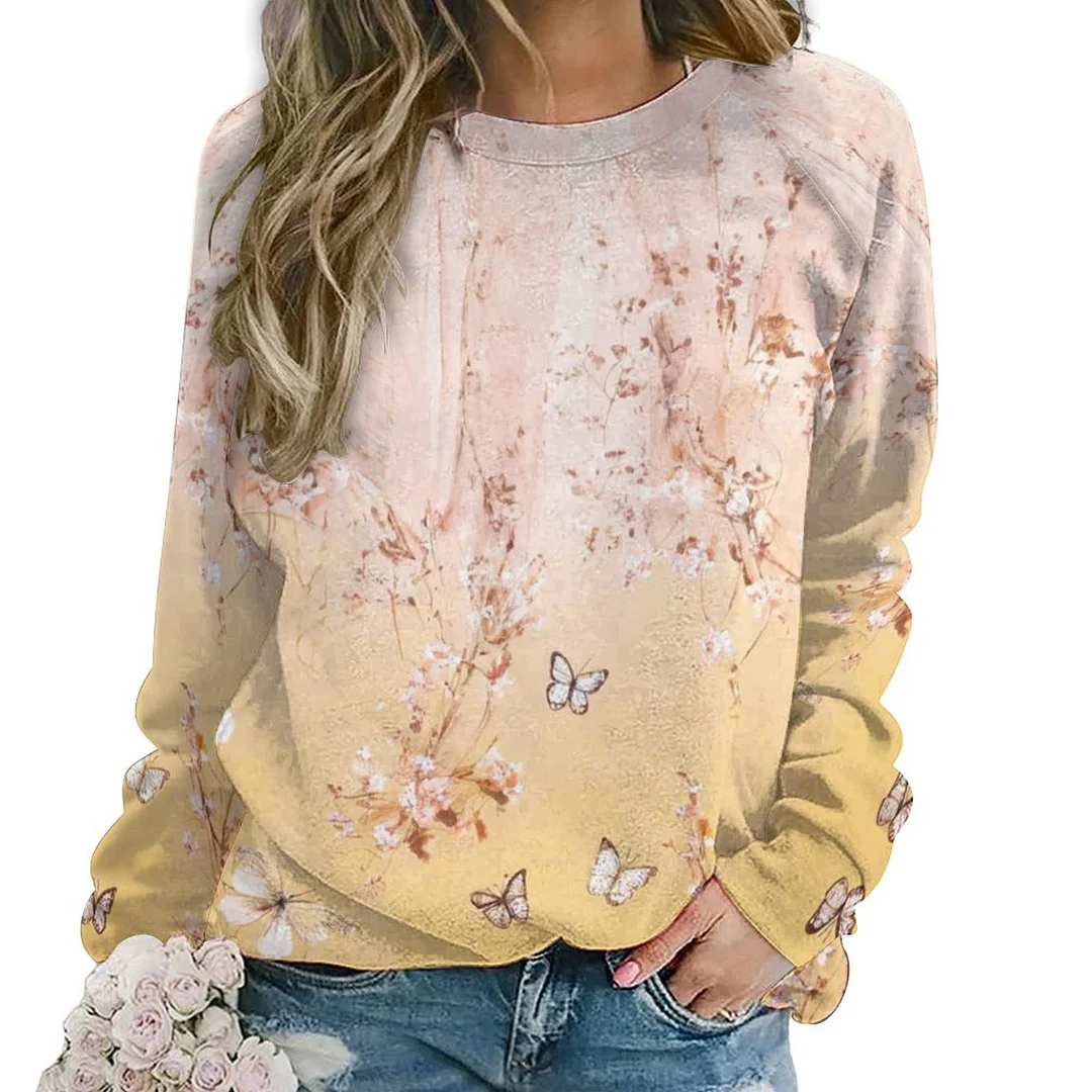 Printed Long Sleeve Casual Sweatshirt for  Women and Men Unisex Pattern Floral, Glitter, Pink