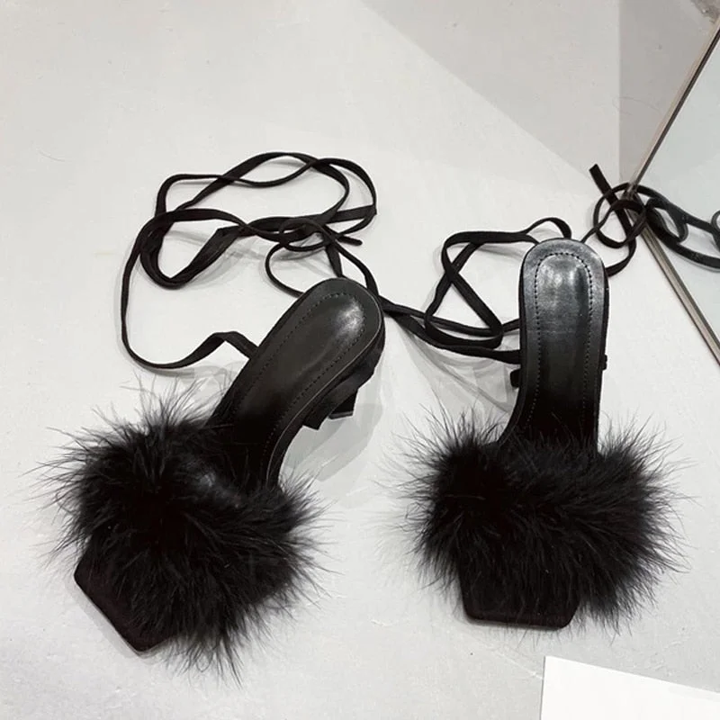 Summer Green Shoes Sandals Fashion Furry Cross-Tied Women Pumps 2022 Sexy Lace-up Party Dress Ladies 11CM Strange High Heels