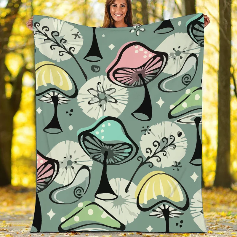 MCM Geometric Abstract Retro Red Gray Black Mustard Brown and Green Sherpa Fleece Blanket