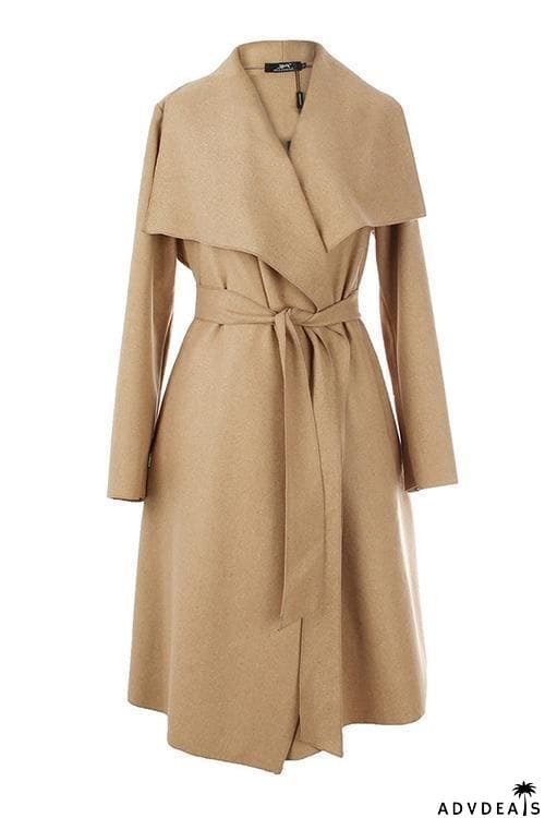 Lapel Woolen Coat With Belt