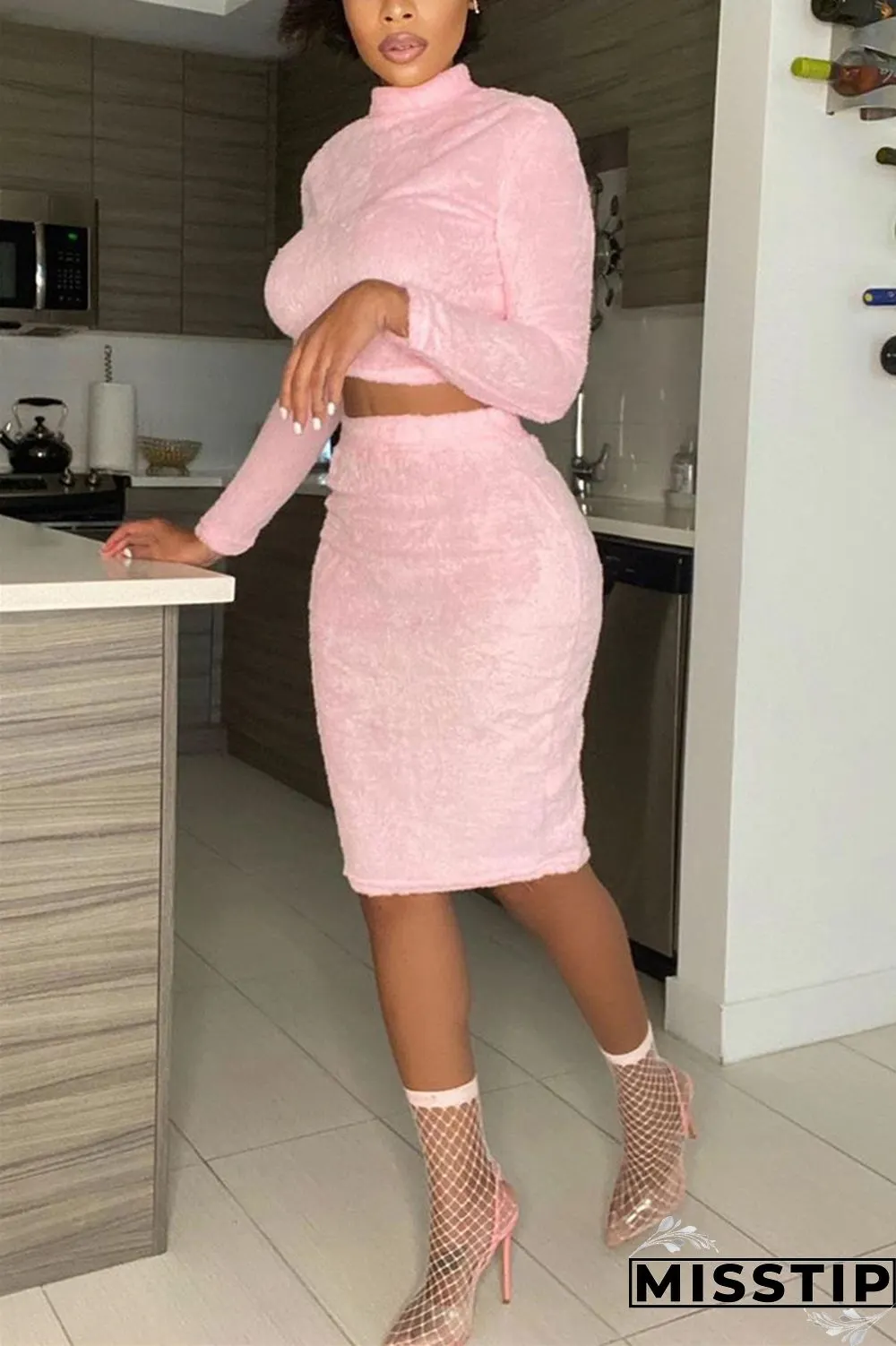 Pink Casual Plush Patchwork Solid Patchwork O Neck Long Sleeve Regular Sleeve Short Two Pieces