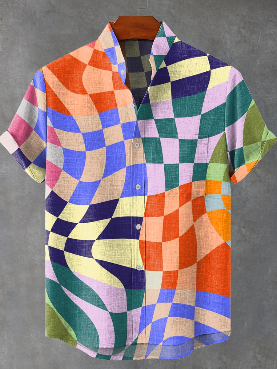 Abstract Checkerboard Geometric Art Vintage Print Casual 100% Cotton Shirt