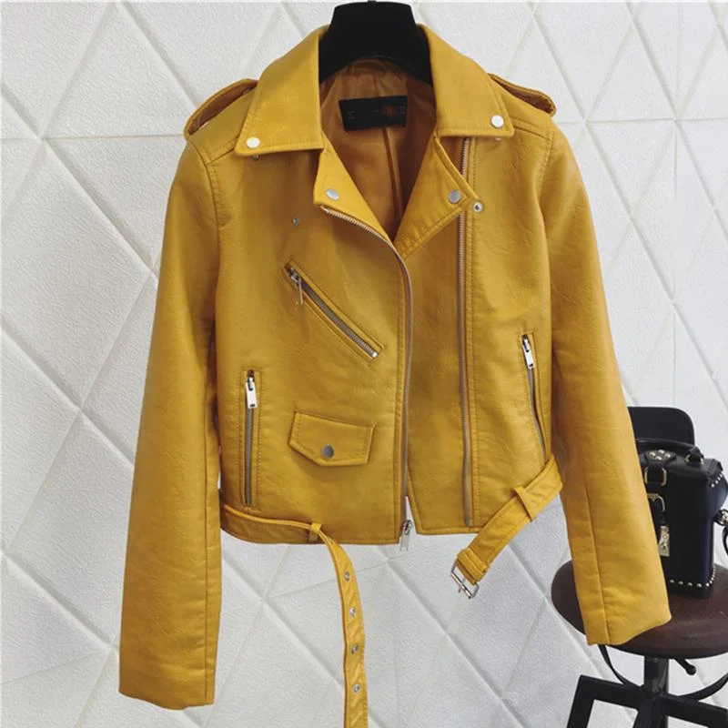 FTLZZ New Women Pu Leather Jacket Fashion Bright Color Black Motor Coats Short Faux Leather Biker Jackets Coat Female