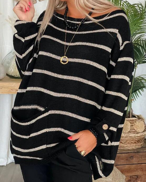 Striped Long Sleeve Front Pocket Oversized Sweater