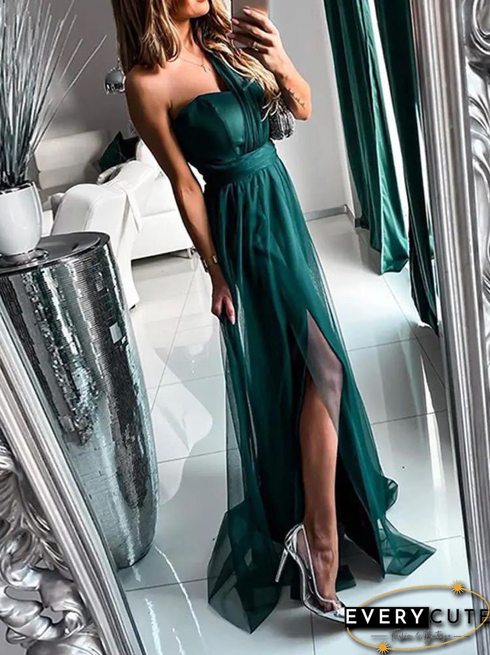 Women'S Dresses One-Shoulder Mesh Sleeveless Evening Dress