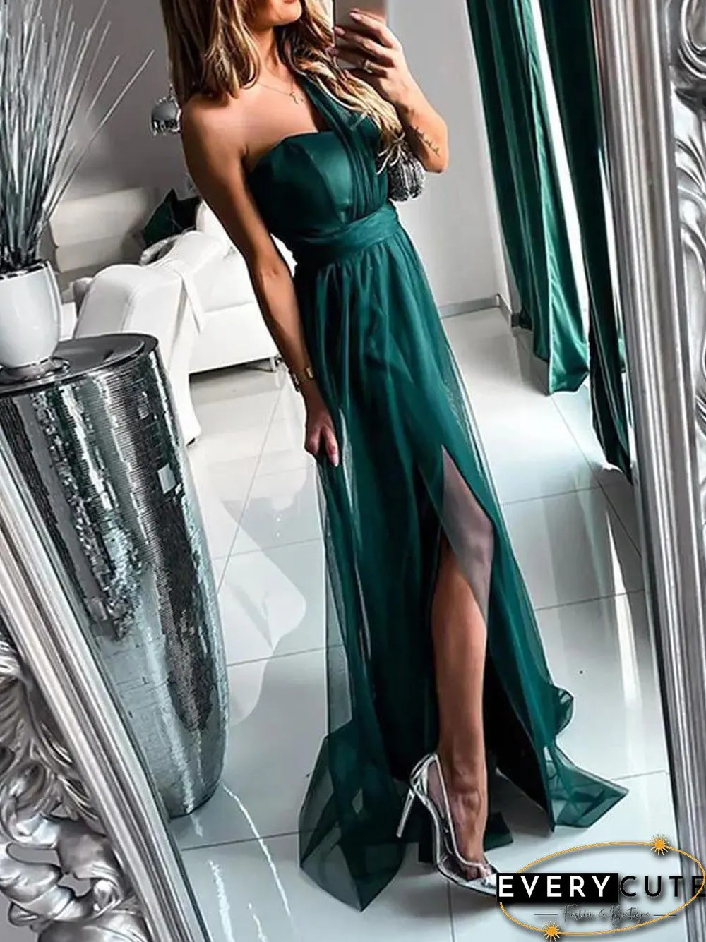 Women'S Dresses One-Shoulder Mesh Sleeveless Evening Dress