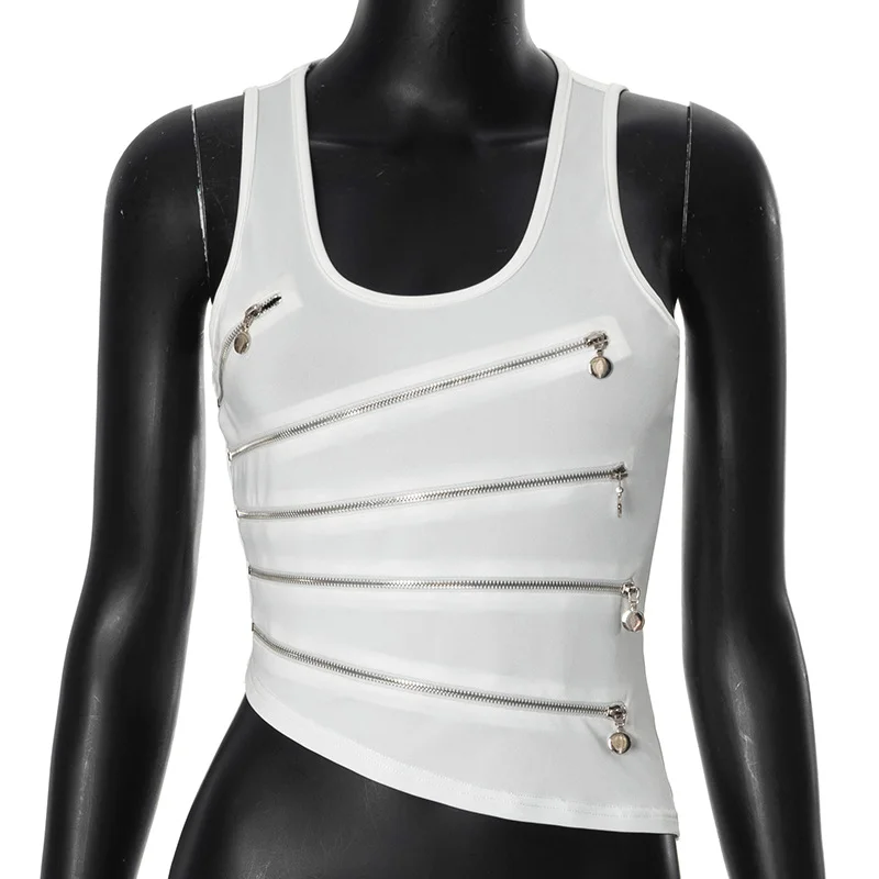 Uveng Uveng Women's Design Sense Niche Hottie Zipper Round Collar Hollow Sexy Vest Top