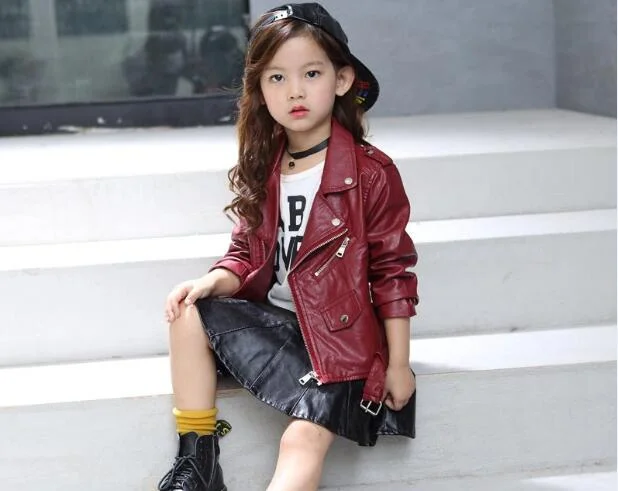 children's pu jacket Girls motorcycle jacket kid outwear solid color Zipper belt Faux Leather spring Autumn fashion pu jacket