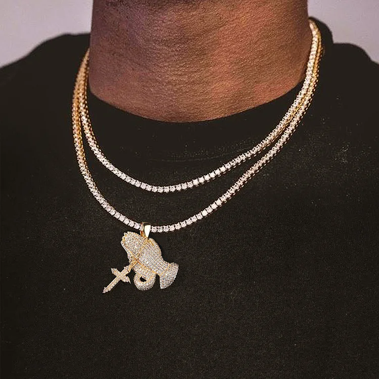 Iced Out Praying Hands Pendant Hip Hop Necklace Jewelry-VESSFUL