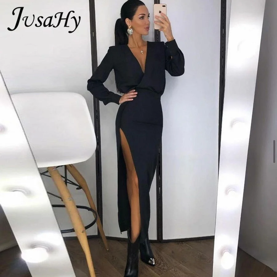 JuSaHy Elegant Solid Maxi Dress for Women Fashion Long Sleeves V-Neck High Side Slit Slim Dress Casual Streetwear Mujer Vestidos