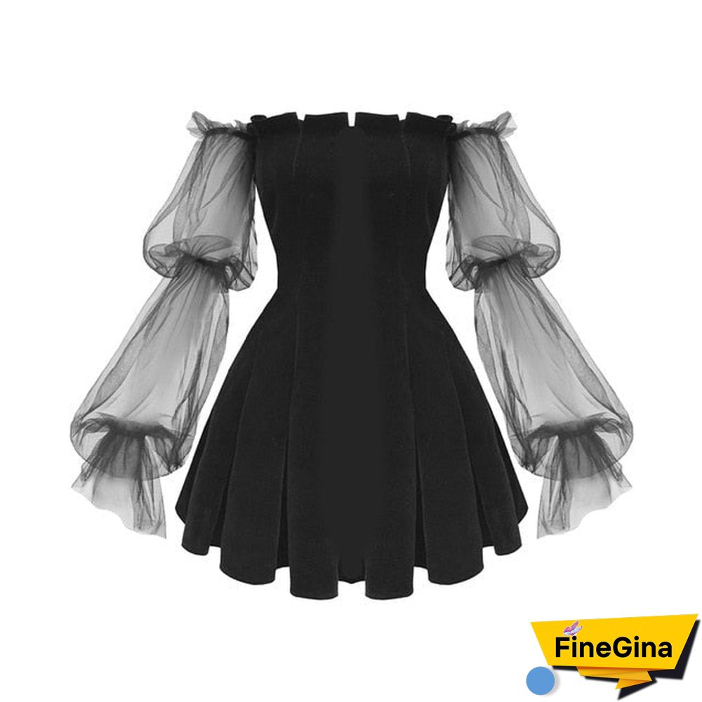 Sexy Dress Vintage Off Shoulder Lantern Sleeve Mesh Patchwork Velvet Mini Dress Dark Street Black Dress for Female