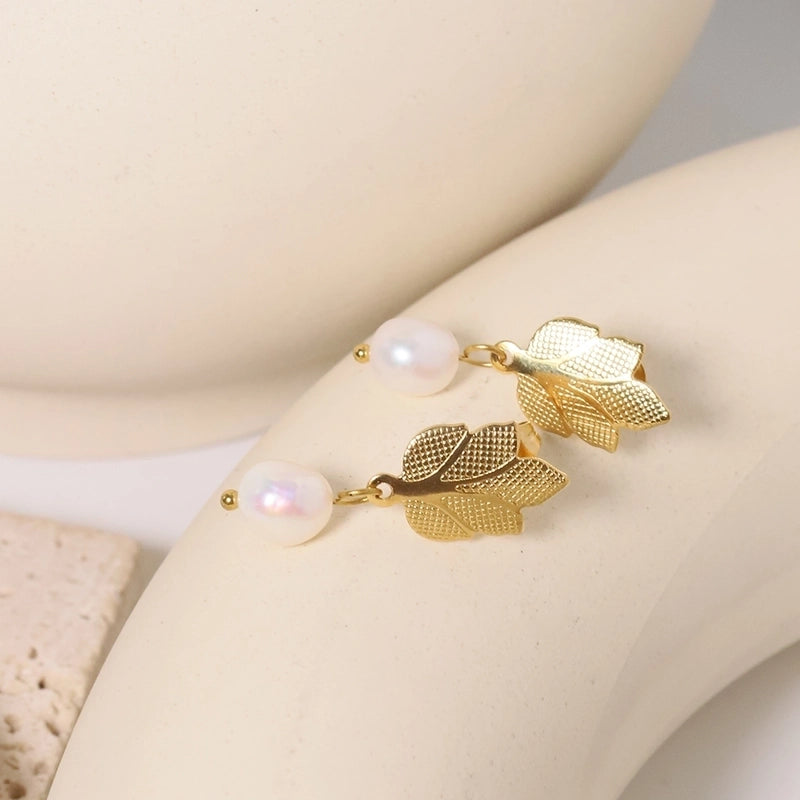 1 Pair IG Style Minimalist Leaves Pearl 304 Stainless Steel 18K Gold Plated Drop Earrings