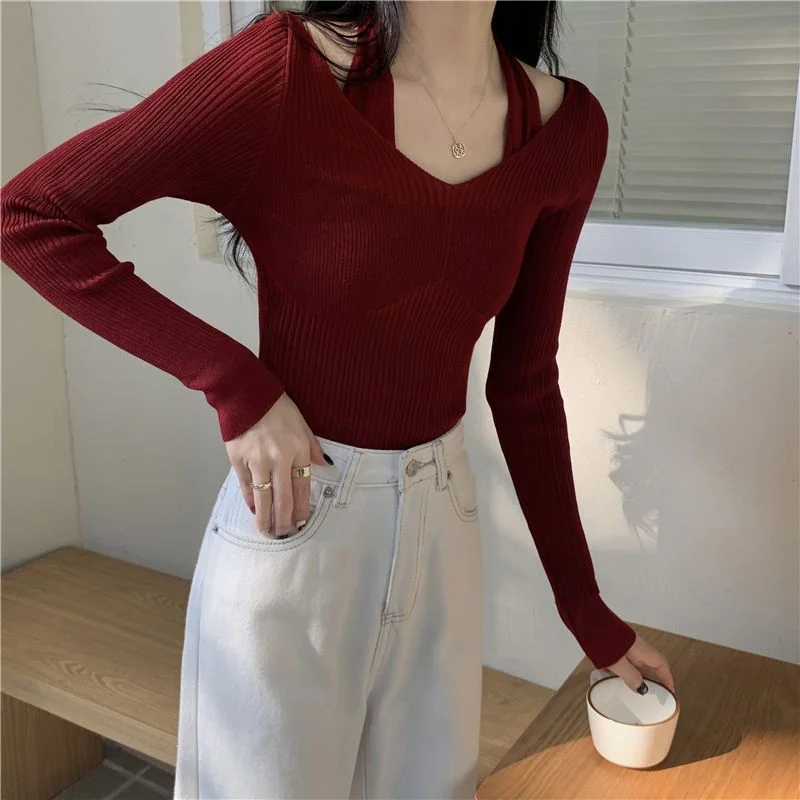 Uveng Uveng Up Spring And Autumn New Chic Sexy Chest Thin Hanging Neck Two Long-Sleeved Knitted Jersey Jersey Elastic Sweater